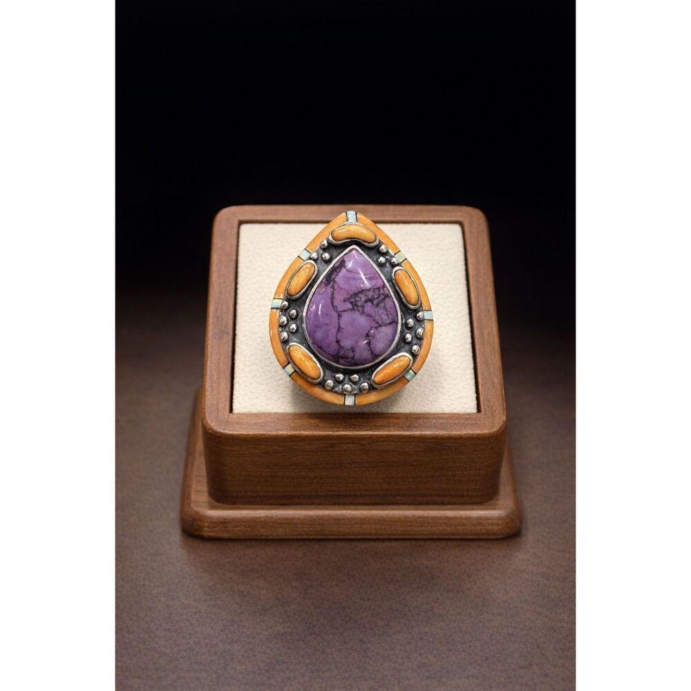 Purple Turquoise Teardrop Ring Sterling Silver Orange & Turquoise Accents Boho